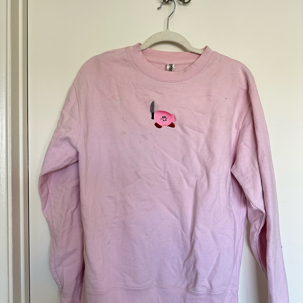 Pink Graphic Crewneck Sweatshirt with Embroidered Character